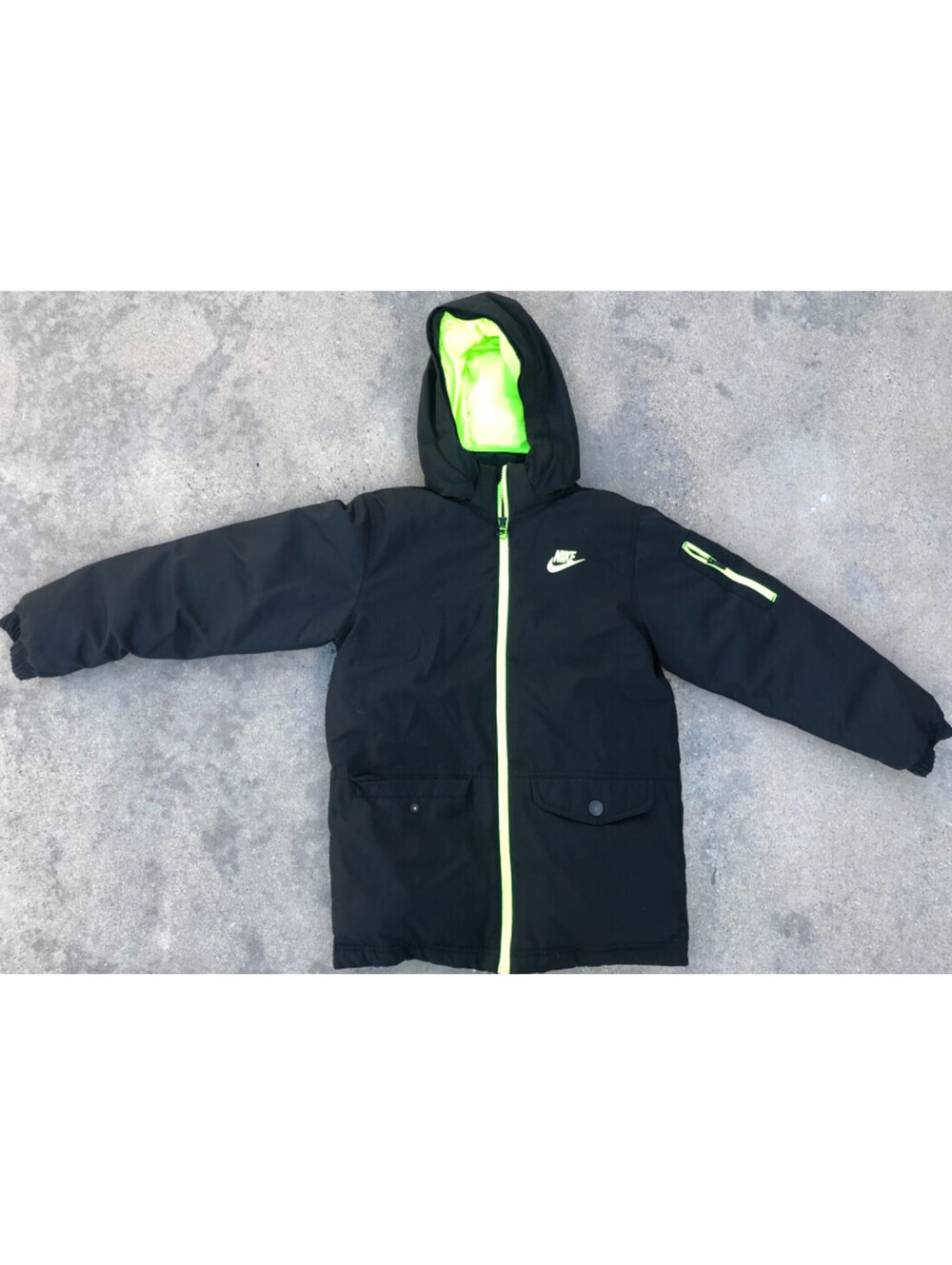 Vintage Nike 550 Goose Down Jacket Youth L Black Zip Hoodie Puffer Neon Yellow